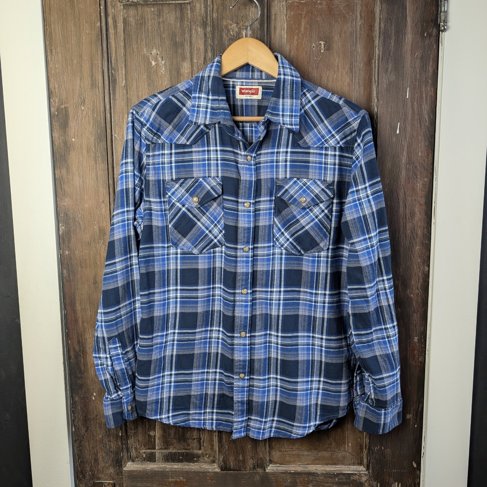 Wrangler Blue Plaid Western Flannel Pearl Snap Shirt | Men's Medium